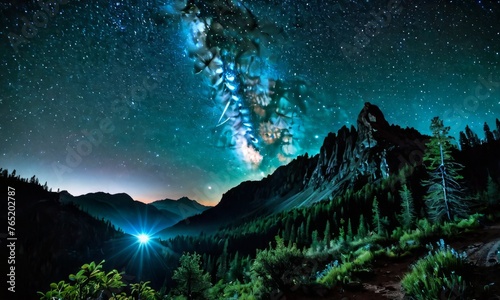 A night sky bedazzled with stars stretches over rugged mountains, with a bright celestial event adding a touch of awe to the serene landscape.