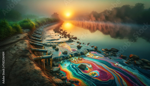 A picture of chemical waste flowing from many small outlets along the river bank. The waste merges with the river, creating a colorful sparkle on the water.