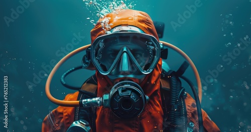 A commercial diver in diving gear, preparing for an underwater operation, photorealistik, solid color background