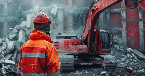 A demolition crew member in safety gear, operating demolition equipment, at a site, photorealistik, solid color background