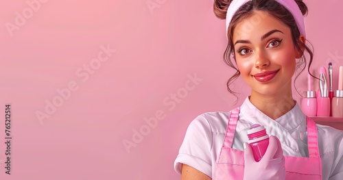 A manicurist in salon attire, holding nail polish and tools, standing in a nail salon, photorealistik, solid color background