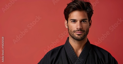 A martial artist in a gi, holding a black belt, standing in a dojo, solid color background