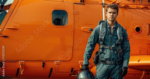 A pilot in full flight attire standing beside a helicopter, holding a helmet under one arm, solid color background