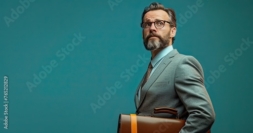 A corporate lawyer in formal business attire, holding a briefcase, standing in a law firm, photorealistik, solid color background