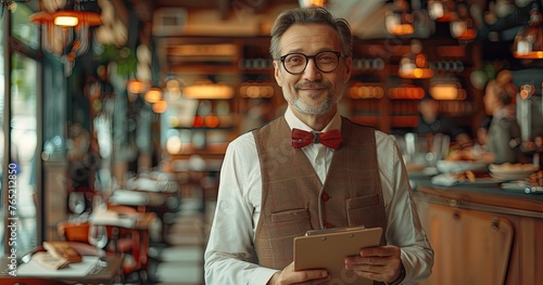 A gourmet food critic in professional attire, holding a notepad, standing in a high-end restaurant, photorealistik, solid color background