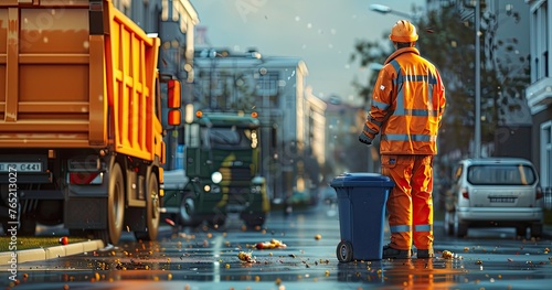 A waste collector in reflective uniform, emptying bins, standing next to a garbage truck, photorealistik, solid color background