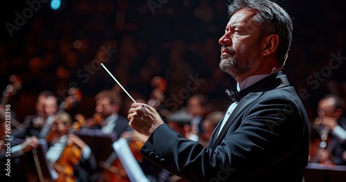 A symphony conductor in formal attire, holding a baton, standing in front of an orchestra, solid color background