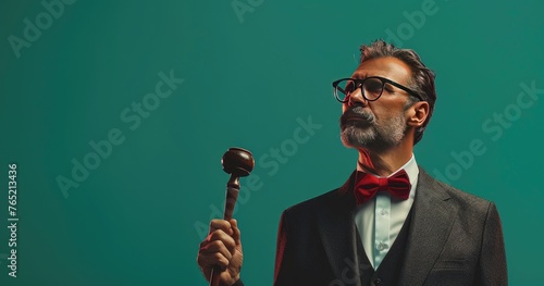 An art auctioneer in formal wear, holding a gavel, standing in an auction house, photorealistik, solid color background