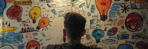 Person standing before a vibrant wall adorned with creative doodles and motivational words, appearing pensive