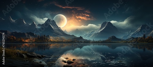 Mystical fantasy landscape with magic castle and moon.