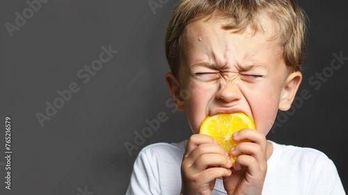 Funny cute boy biting a piece of fresh lemon and feeling the sour of the fruit isolated on gray background, funny kid portrait.