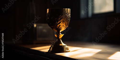 Golden goblet or cup on wooden table and the sun shining through the window