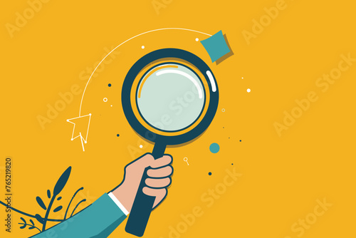 Unlocking the power of SEO, marketer uses magnifying glass to find hidden opportunities to boost search rankings and drive organic traffic.