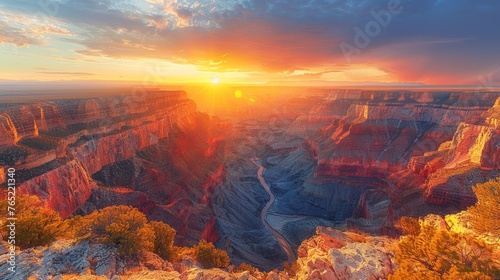 Atmosphere glowing as sun sets over iconic Grand Canyon