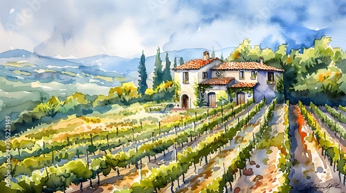 Landscape with traditional stone house with stunning vineyard. Watercolor or aquarelle painting illustration. 