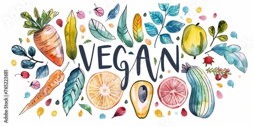 Watercolor vegan word with fruits and vegetable illustrations. Hand-drawn vegan diet concept with colorful produce. Artistic watercolor depiction of veganism and healthful food choices.