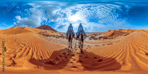 landscape riding camels in the desert, 360 panorama
