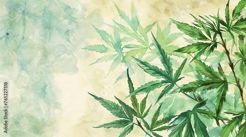 Watercolor cannabis leaves on textured paper. Hand-drawn marijuana illustration, natural herbal theme, artistic background
