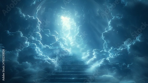 Stairway piercing through illuminated clouds, leading to a glowing portal. Vision of transcendence and ethereal passage. Concept of hope, enlightenment, and divine path.