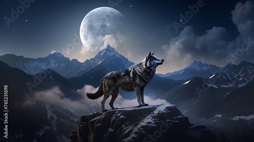 A lone wolf, its silhouette stark against the moonlit sky, embodies the essence of solitude and mystery in the nocturnal realm.