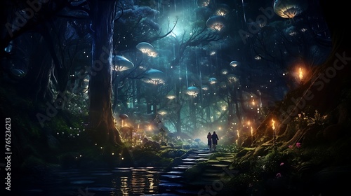 An enchanted forest bathed in the ethereal glow of moonlight, where ancient trees reach towards the star-studded sky and mystical creatures roam amidst shimmering foliage. 