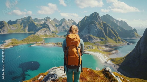 Backpacking woman on the top of a mountain in Norway in high resolution and high quality. travel concept, backpack, adventure, norway