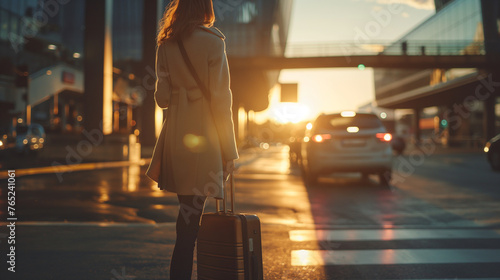 A businesswoman hailing a taxi outside the airport, suitcase by her side, on her way to a crucial client meeting, the city's hustle and bustle illuminated by the soft light of dawn