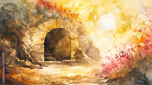 Easter Jesus Christ rose from the dead. Dawn. The empty tomb watercolor painting. Biblical Illustration