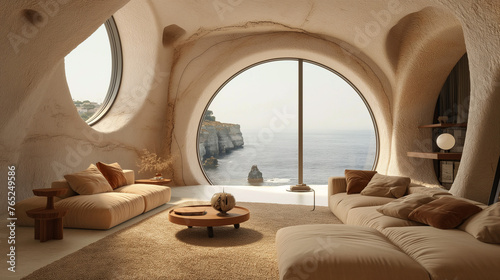 Modern interior design of a Mediterranean living room. Cutting-edge architecture, stone wall, arched window, decoration with minimalist furniture with a pastel color palette.