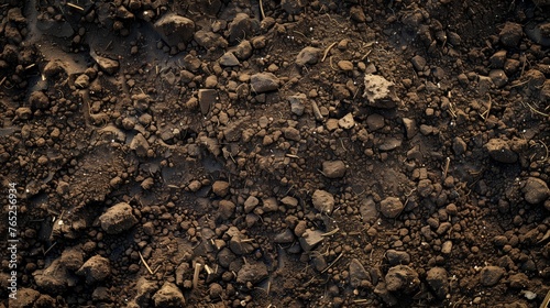 A detailed view of a dirt field covered with rocks and soil particles.