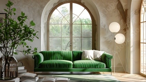 Vibrant green velvet sofa against arched window near ball floor lamp and stone cladding wall. Mediterranean style home interior design of modern living room.
