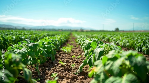 A Green potato plants in neat rows on a farm with a clear blue sky overhead.