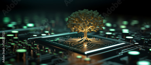 Ein Baum, der aus dem Prozessor einer Computerplatine sprießt. Symbolisiert Green Computing, Green Technology, CSR, IT-Ethik, grüne Hardware und das Konzept der umweltverträglichen Technologie