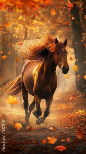 A horse with a flowing mane trotting gracefully along a country road lined with colorful autumn leaves