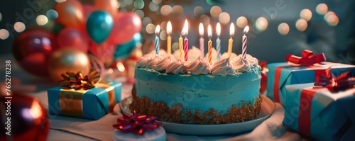 A birthday cake with candles on it is surrounded by presents