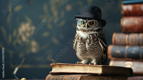 A wise owl wearing glasses and a bowler hat stands isolated on a vintage old book on a dark background.