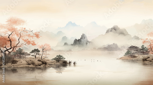 Abstract beautiful traditional chinese or japanese temple house hill with river, cloudy and mountain scenery landscape watercolor painting wallpaper oriental background. Clouds, mountain, river