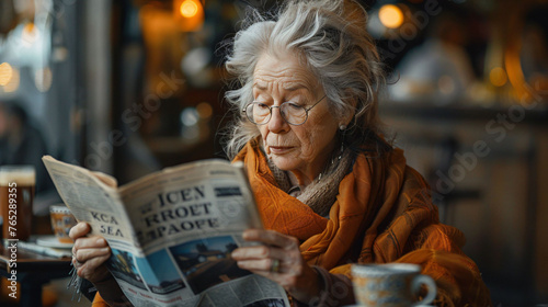 Elderly woman reading newspaper, captures a moment of everyday life.