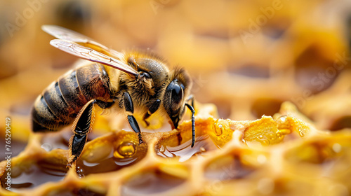 Bee harvesting honey, macro shot, symbolizes nature's diligence and sweetness.
