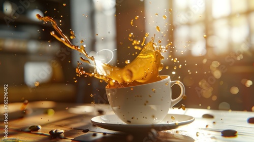 Aromatic coffee splashing in a Cappuccino cup. 