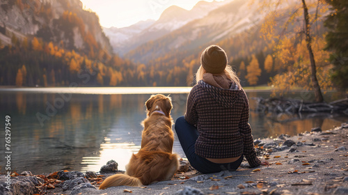 Generative AI illustration of back view of unrecognizable female tourist sitting on the floor looking at the lake with cute calm dog