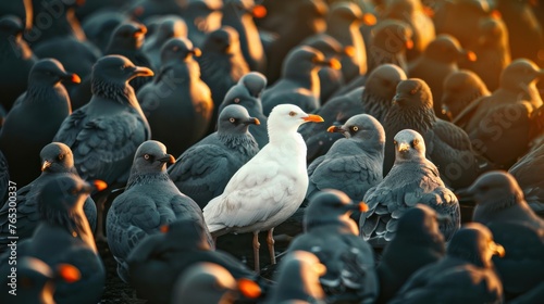 Standing out from the crowd , white bird standing between man gray birds, 
