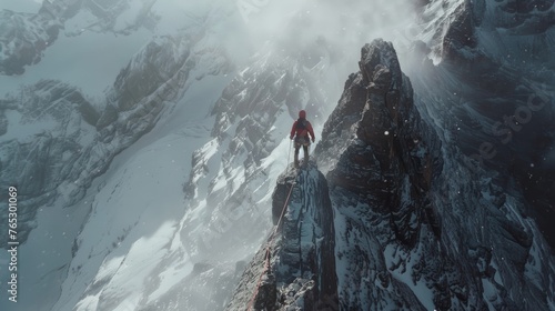 A climber traversing a narrow ridge with a dramatic drop on either side, showcasing their balance and courage