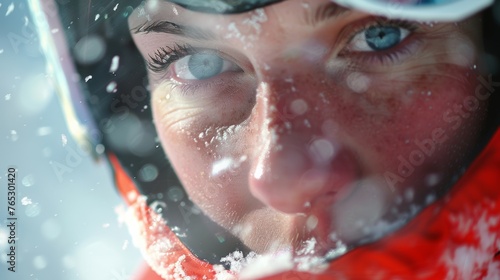 A close-up view of a skier's face, showcasing the intense concentration and exhilaration of the moment