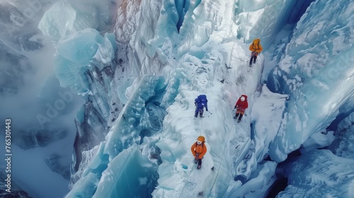 A team of climbers navigating a treacherous icefall, their progress marked by colorful backpacks