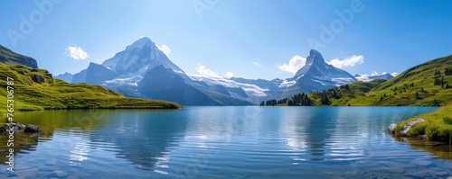 Panorama of the Bachalpsee river with a mountain background in the Bernese Alps, Switzerland.