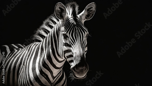 Cute zebra. Key lighting on a black background. Photorealistic low key illustration. Generative AI.