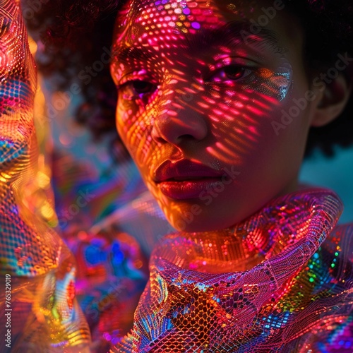 Create a captivating design that captures the essence of a forward-thinking fashion tech fusion Incorporate elements like holographic textures, digital motifs, and avant-garde silhouettes to convey a 