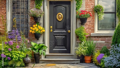 entrance to the house, A black front door of a house adorned with potted plants of various colors and sizes. The door has a brass knob and a peephole. The house has a brick wall and a window with curt