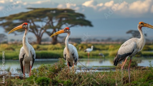 Yellow-billed storks can be found in Amboseli National Park in Kenya.